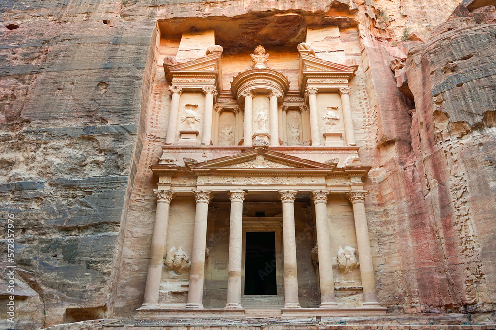 Petra The Treasury, famous stone carved temple in Petra Nabatean City, Jordan