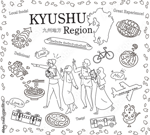日本の九州地方の春のグルメ観光を楽しむ観光客、アイコンのセット（線画白黒）