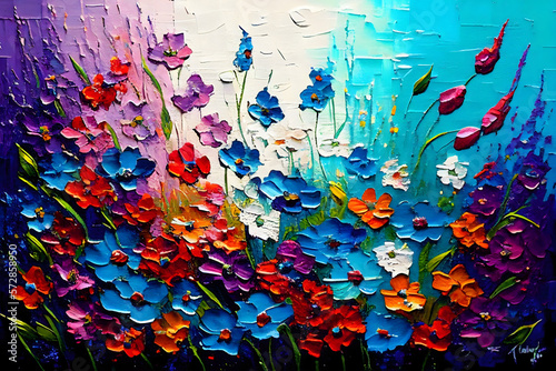 Palette knife technique million colorful flowers  abstract textured impressionist painting  generative ai