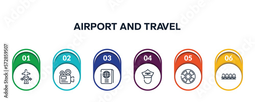 airport and travel outline icons with infographic template. thin line icons such as airplanes and arrows, camera recorder, international passport, pilot of airplane, life bouy, waiting room vector.