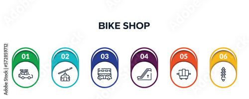 bike shop outline icons with infographic template. thin line icons such as travel baggage, null, double decker, or up, x-ray, shock absorber vector.