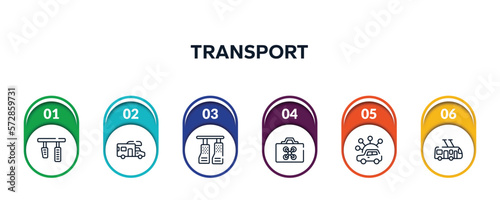 transport outline icons with infographic template. thin line icons such as brake pedal, rv, car pedals, drone case, carsharing, trolleybus vector.