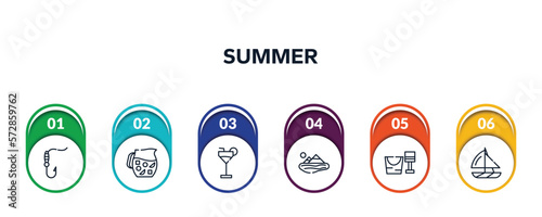 summer outline icons with infographic template. thin line icons such as fish and hook, sangria, refreshing cold drink, lake, sand bucket and shovel, yatch boat vector.