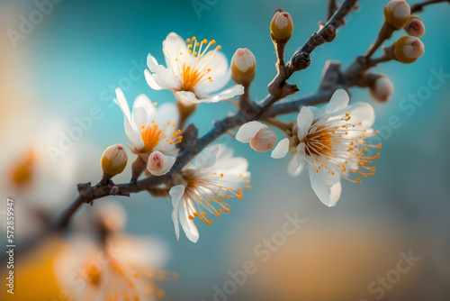 Photos Beautiful floral spring abstract background of nature. Branches of blossoming apricot macro with soft focus on gentle light blue sky background made with Generative AI © yuniazizah