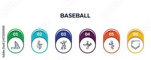baseball outline icons with infographic template. thin line icons such as catamaran, squat, powerbocking, kayaking, catcher, home plate vector.
