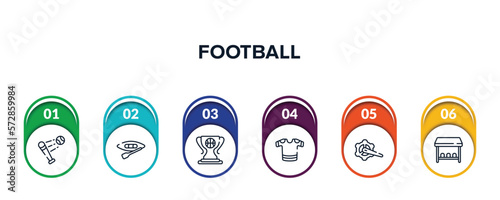 football outline icons with infographic template. thin line icons such as battered ball, canoeing, champ, t-shirts, crank arm, team bench vector.