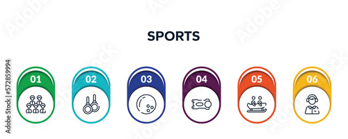 sports outline icons with infographic template. thin line icons such as baseball team, gymnastic rings, bowling ball, stem, bobsledding, sport commentor vector.