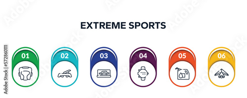 extreme sports outline icons with infographic template. thin line icons such as headgear, fitness step, backup car, dive computer, oil down, hang gliding vector.
