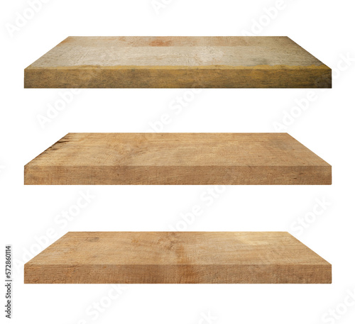 3 old wood shelves table isolated on transparent background. Png realistic design element.