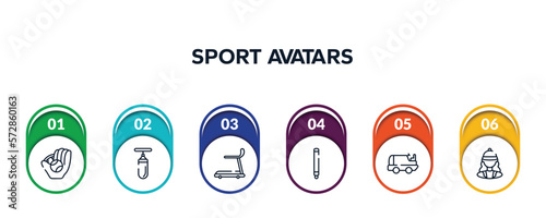 sport avatars outline icons with infographic template. thin line icons such as baseball ball, sand bag, cardio, glowstick, ice resurfacer, horsewoman vector.