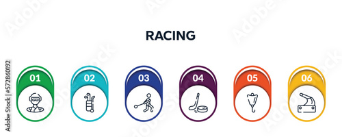 racing outline icons with infographic template. thin line icons such as skydiver, golf caddy, hammer throwing, puck, lift bag, handbrake vector.