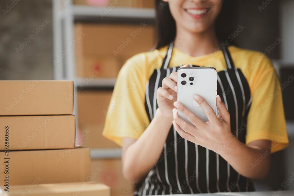 Online store salesperson is writing a customer's shipping address on parcel box before sending it to private carrier for delivery to customer. The idea of opening an online store and packing products. Online store salesperson is writing a customer's shipping address on parcel box before sending it to private carrier for delivery to customer. The idea of opening an online store and packing products.
