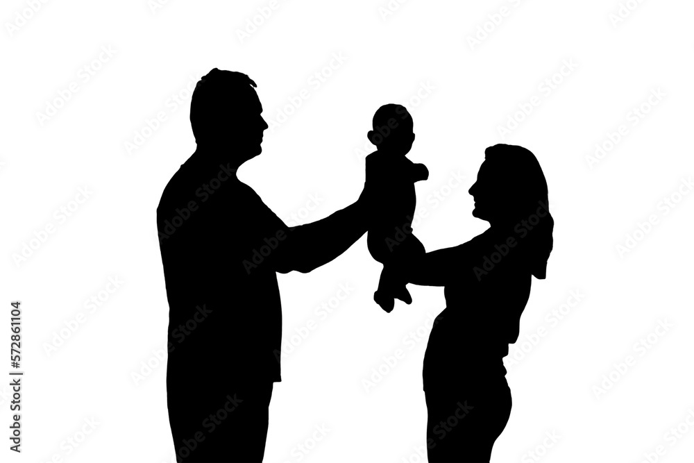 Silhouette happy man, woman and baby, isolated on a white background. Couple husband and wife holding child, family love in the evening light of the home living room