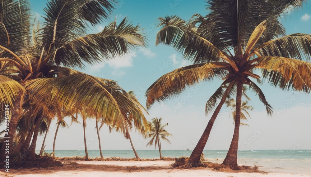 Naklejka premium Nostalgic Summer Memories: Vintage Coconut Trees on the Beach Photography Background Generative AI