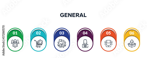 general outline icons with infographic template. thin line icons such as project team, procurement, job interview, x-ray, weight loss, product release vector.