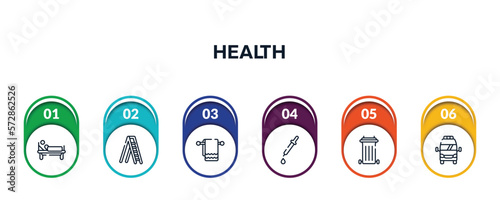 health outline icons with infographic template. thin line icons such as patient in hospital bed, mechanical ladder, cloth towel, medicine dropper, recycle bin container, frontal ambulance vector.