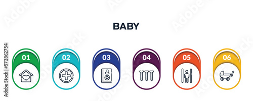 baby outline icons with infographic template. thin line icons such as hospice, red cross, handbook, blood sample, inversion therapy, buggy vector.