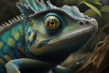 A realistic illustration of a close-up chameleon, symbolizing adaptability. AI generated.