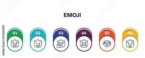 emoji outline icons with infographic template. thin line icons such as silent emoji, crazy emoji, crying worried frowning with open mouth vector.