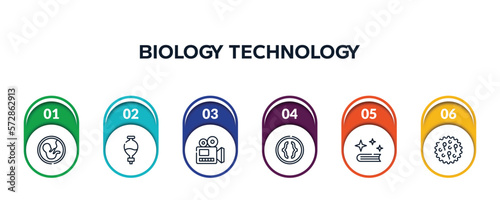 biology technology outline icons with infographic template. thin line icons such as embryo, separating funnel, documentary, parentheses, spell, ovule vector.
