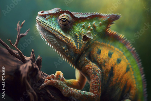 A realistic illustration of a close-up chameleon  symbolizing adaptability. AI generated.