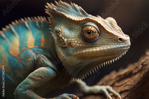 A realistic illustration of a close-up chameleon, symbolizing adaptability. AI generated. © ankreative