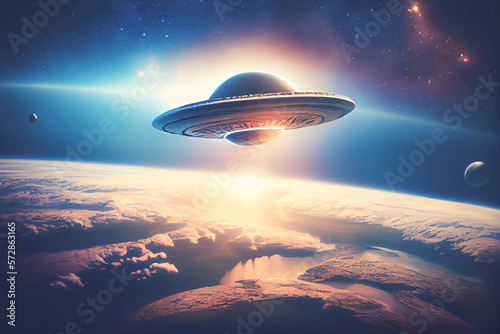 UFO flying over the Eart, illuminating the darkness as it hovers above the planet. 3D render illustration.
