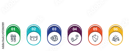 outline icons with infographic template. thin line icons such as blood sample, medical mask, website, long distance, antivirus, handshake vector.