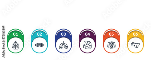outline icons with infographic template. thin line icons such as cruise, sterile mask, infected lungs, microorganism, e coli, hot temperature vector.