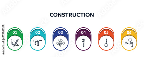 construction outline icons with infographic template. thin line icons such as ruler and pencil, big driller, jackknife, wood cutter, wrecking ball, spray gun vector.