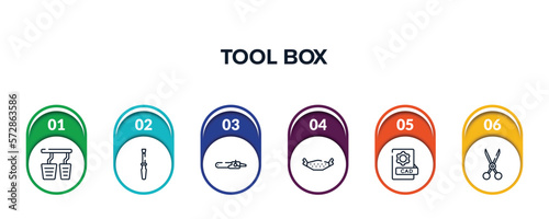 tool box outline icons with infographic template. thin line icons such as accelerator, repair screwdriver, sharp chainsaw, brake pad, cad, shears vector.