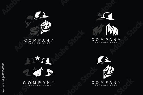 Detective Man Logo Design, Mafia Detective Fashion Tuxedo And Hat Illustration Vector, BlackMan Businesman Icon