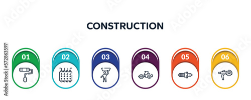 construction outline icons with infographic template. thin line icons such as painter roller, fuse box, null, steamroller, spark plug, grinder vector.