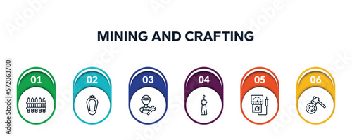 mining and crafting outline icons with infographic template. thin line icons such as fences, urinal, plumber, norigae, electric meter, woodcutter vector.