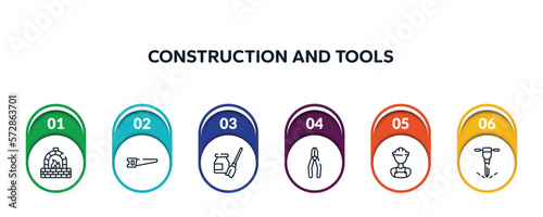 construction and tools outline icons with infographic template. thin line icons such as kiln, hacksaw, turquoise, crimping pliers, construction worker, puncture vector.