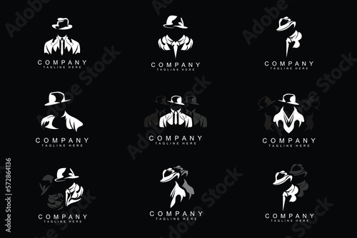 Detective Man Logo Design, Mafia Detective Fashion Tuxedo And Hat Illustration Vector, BlackMan Businesman Icon