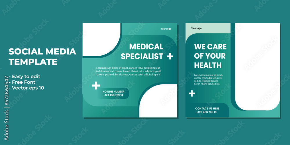 Fototapeta premium Medical healthcare service social media post template design. Hospital, doctor, clinic and dentist health business promotion flyer poster. 