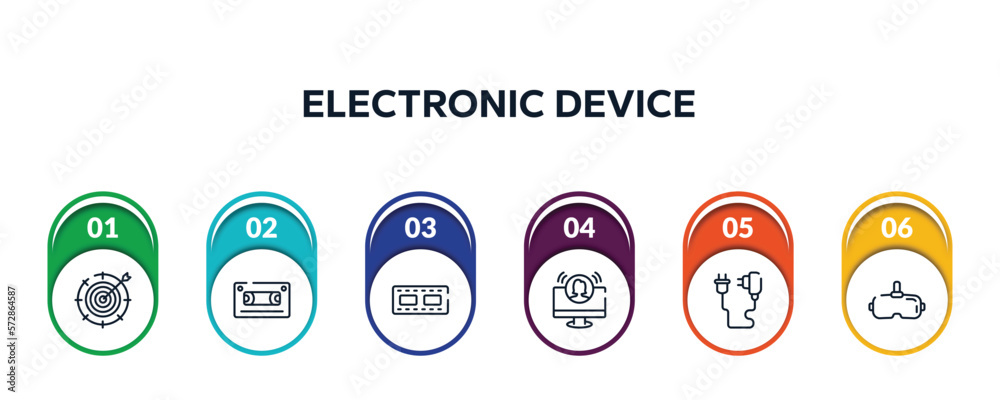 electronic device outline icons with infographic template. thin line icons such as taget, audio tape, reel, teleconference, phone charger, virtual reality glasses vector. electronic device outline icons with infographic template. thin line icons such as taget, audio tape, reel, teleconference, phone charger, virtual reality glasses vector.