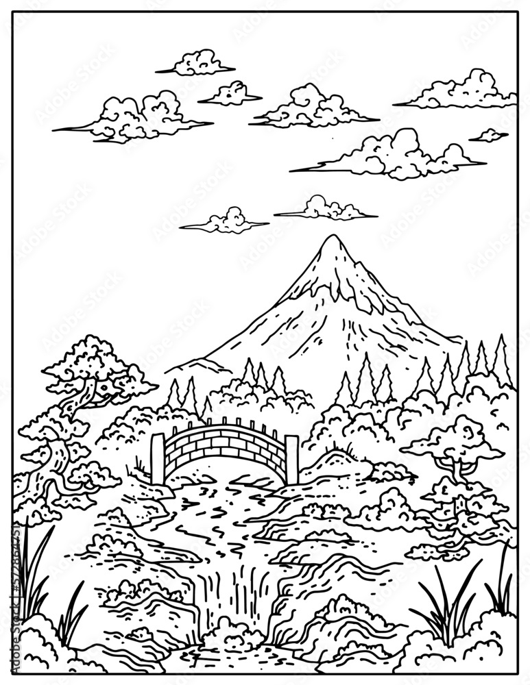 Naklejka premium Design Nature Landscape Outline Coloring Page