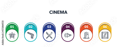 cinema outline icons with infographic template. thin line icons such as film star, hitman, hete, ventriloquist, doorway, soundtrack vector.