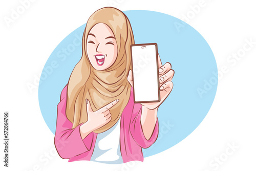 Cheerful Muslim Showing Blank Smartphone Against White Screen, Enjoying New Mobile Application or Website, Mockup, Vector cartoon.