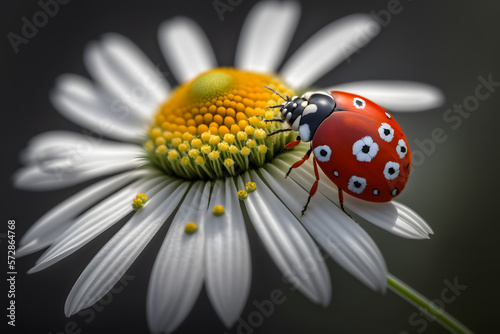 photo red ladybug on camomile flower, ladybird creeps on stem of plant in spring in garden in summer, photography made with Generative AI