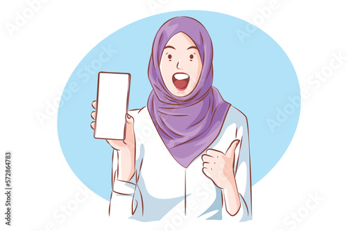 Cheerful Muslim Showing Blank Smartphone Against White Screen, Enjoying New Mobile Application or Website, Mockup, Vector cartoon.