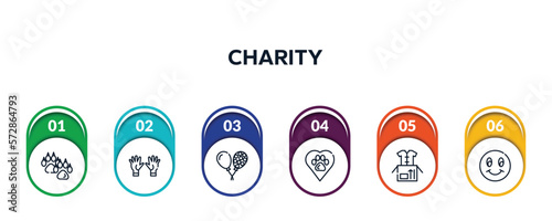 charity outline icons with infographic template. thin line icons such as dog pawprint, voluntary service, ballons, animal rights, clothes donation, smiley face vector.