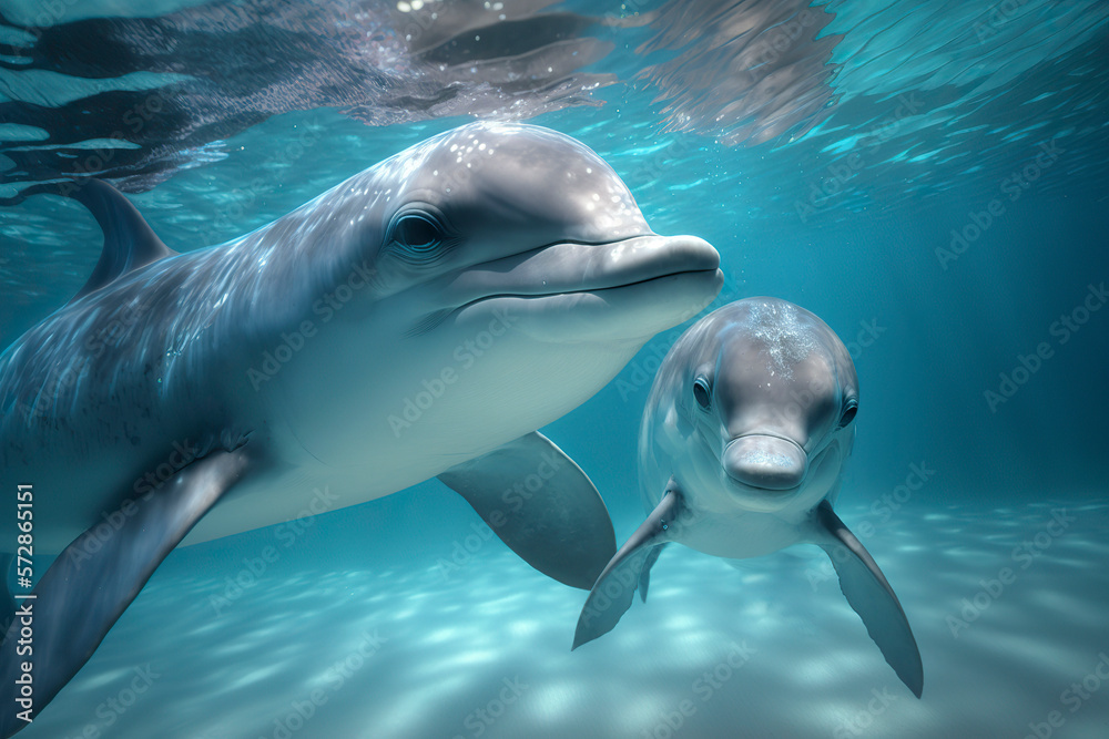 Fototapeta premium Dolphin with a cub. Generative AI.