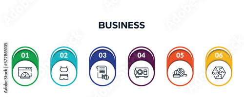 business outline icons with infographic template. thin line icons such as possibility, identification card, online support, cryptographic, devaluation, confirmation vector.