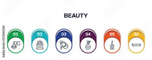 beauty outline icons with infographic template. thin line icons such as watching, parfume bottle, cosmetic, hair spray bottle, parfum bottle, long hipster moustache vector.