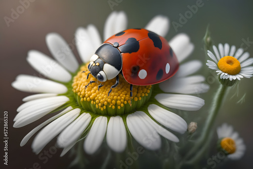photo red ladybug on camomile flower, ladybird creeps on stem of plant in spring in garden in summer, photography made with Generative AI