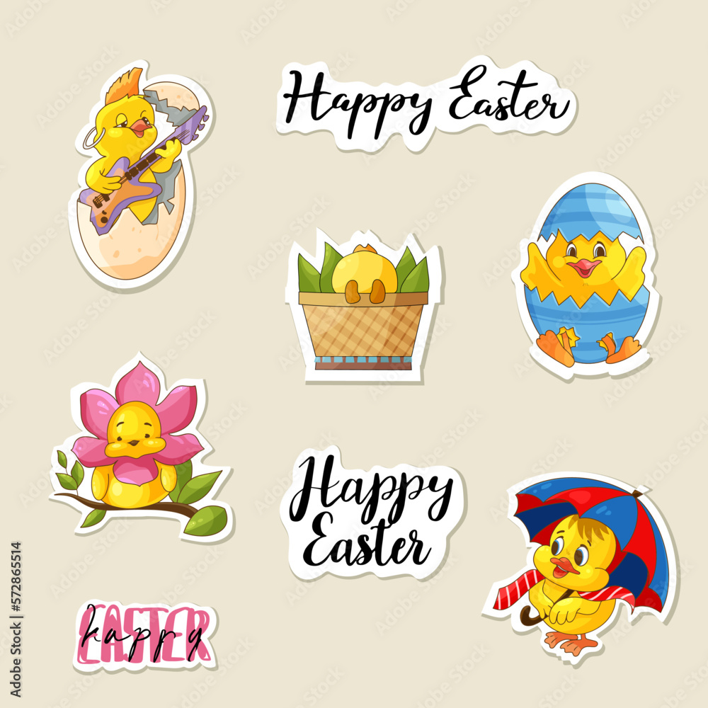 Fototapeta premium Set of Easter stickers with baby chick, small chicken birds, animal stickers, vector illustration