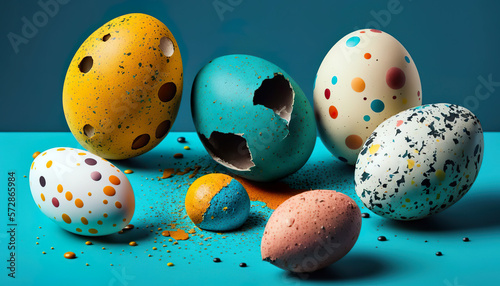 An array of speckled Easter eggs in various colors, some whole and others broken, on a vibrant blue background with scattered eggshell fragments.Happy Easter postcard. AI generated.
